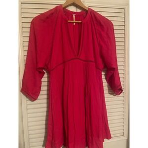 Free People Pink Deep V Neck 3/4 Sleeve Mini Dress XS Baby Doll, Empire Waist